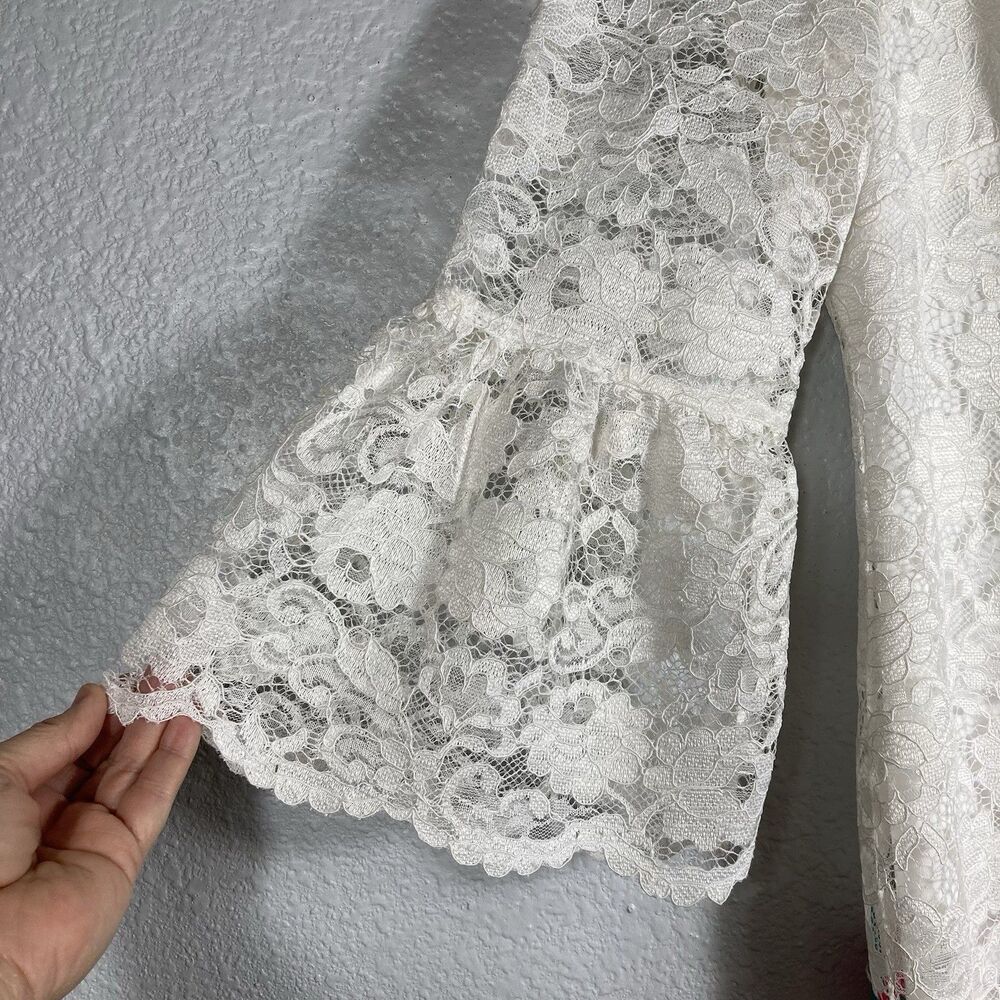Ivory White Floral Lace Dress Womens  8 Embroidered Bell Sleeve Wedding Easter - Picture 6 of 12